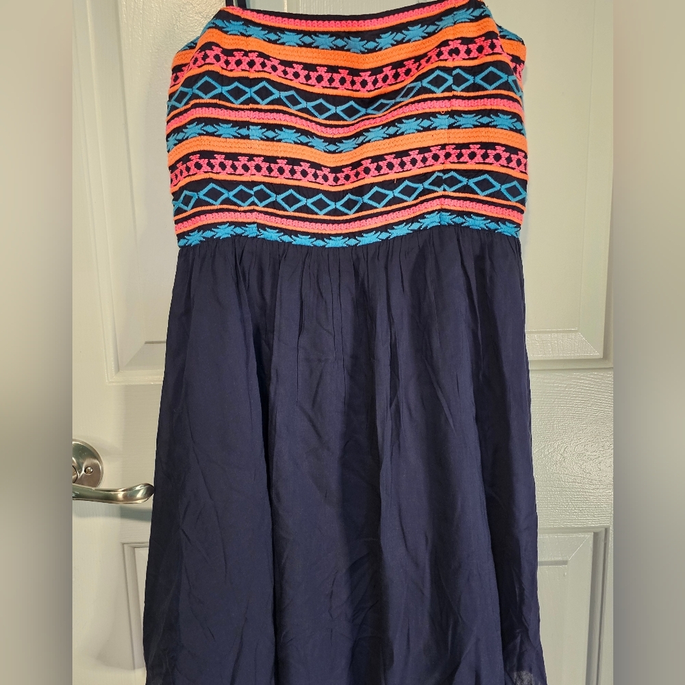Umgee Navy Blue Dress with Neon Embroidered Design Women's Sz M